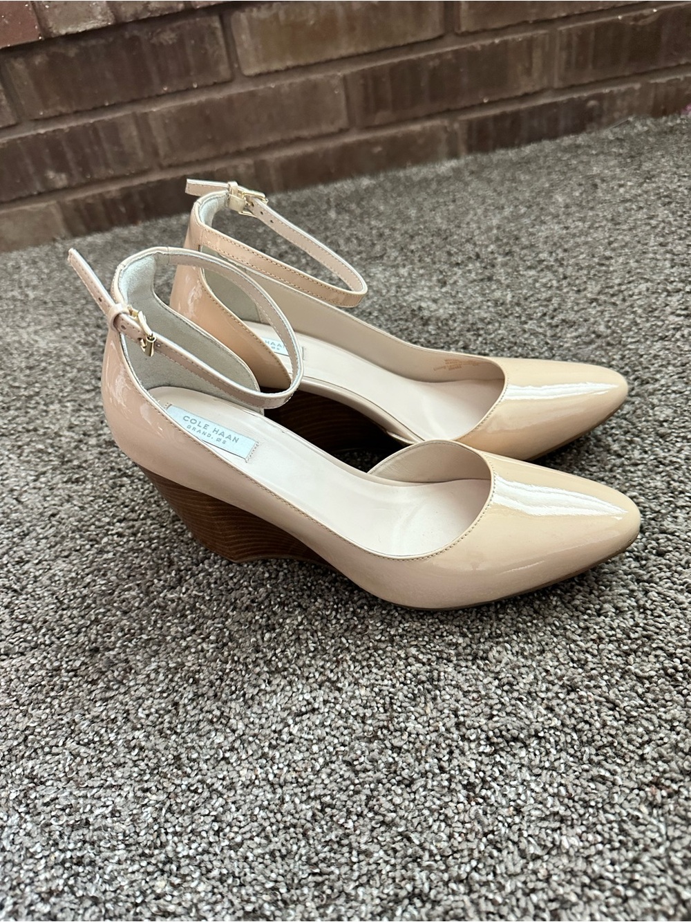 Cole Haan Nude Patent Leather Ankle Strap Wedge Heels 8 (NWOB)*